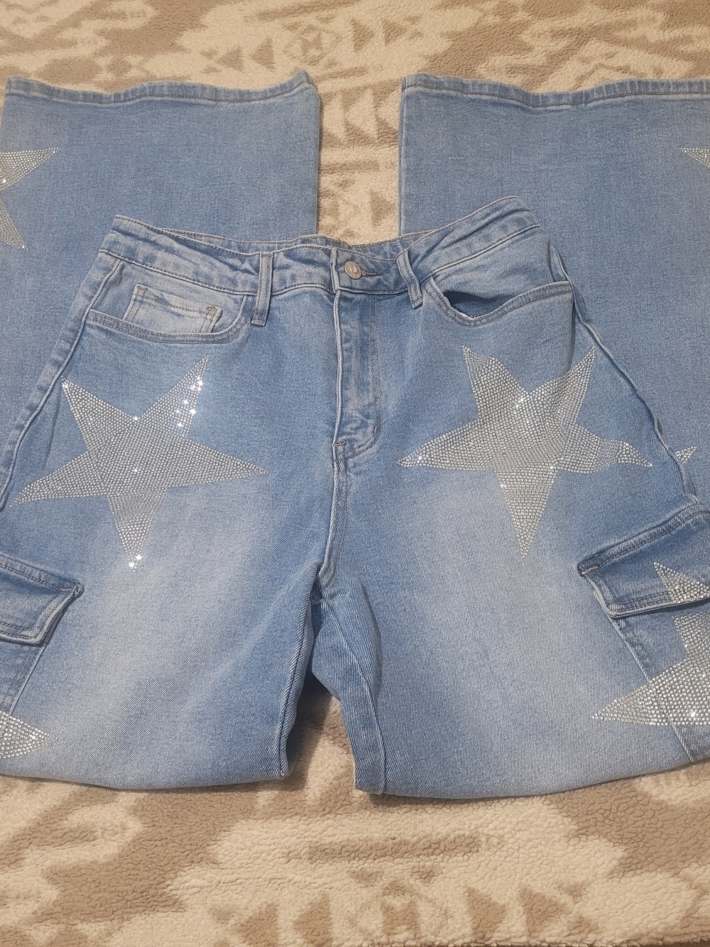 VBRT. Light Blue Women's Flare Jeans with Rhinestone Star Accents